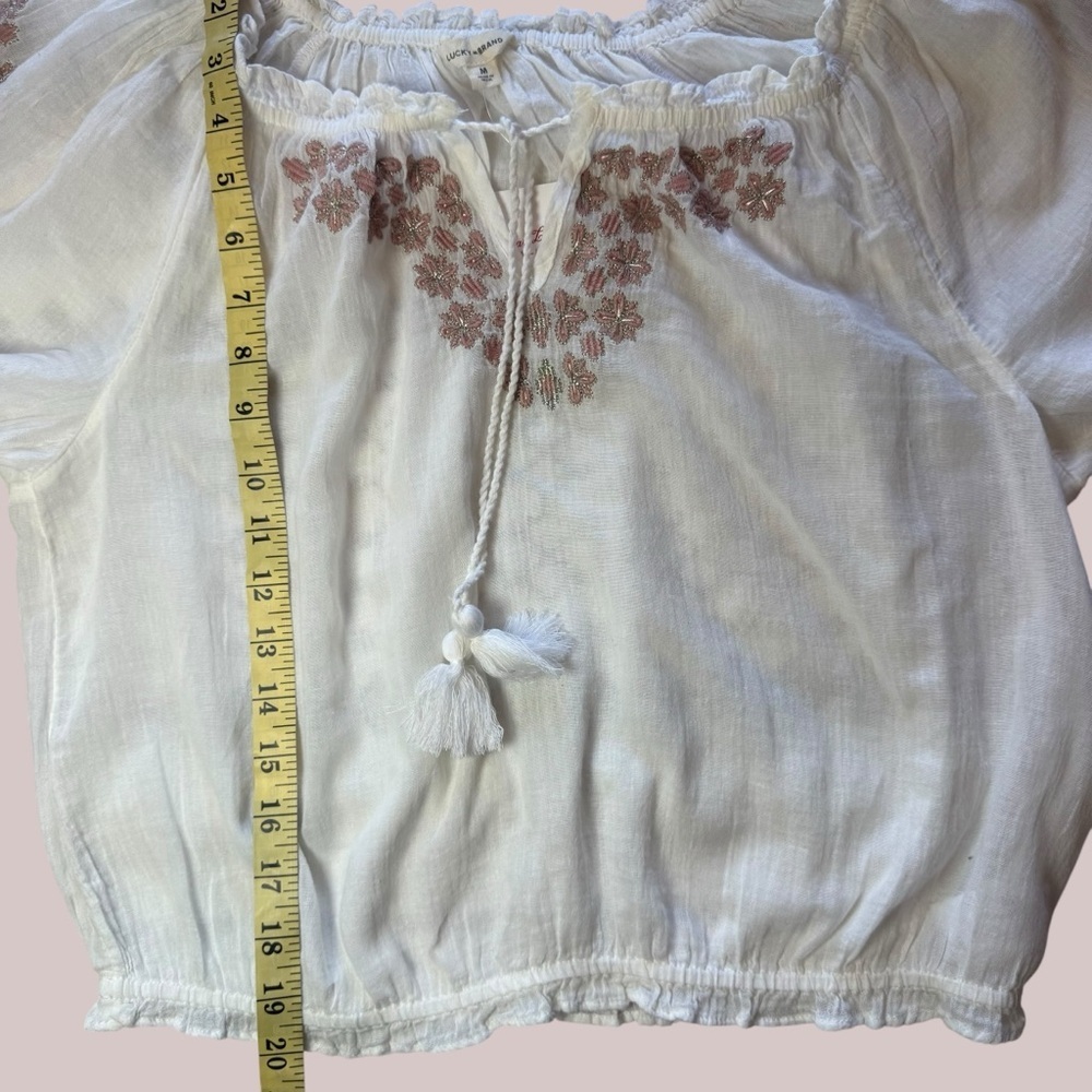NWT Lucky Brand White Gauze Boho Medium Blouse with Pink Embroidery - Picture 5 of 8